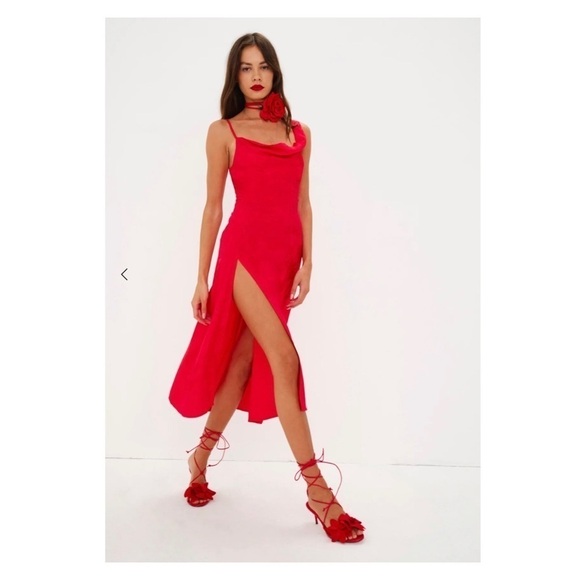 NWT FOR LOVE AND LEMONS Ilana Red Asymmetric High Slit Midi Dress XL - Picture 2 of 15